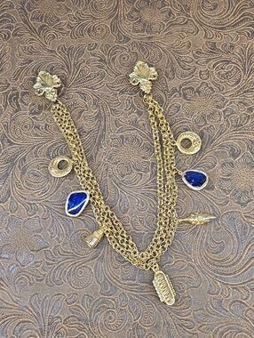 Vintage Charm Sweater Pin Guard Multi Chain Blue Stone Gold Color Necklace